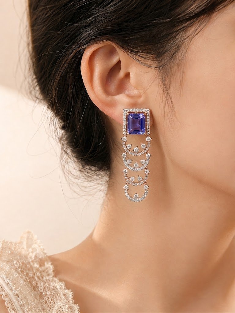 Royal Emerald-Cut Sapphire and Crescent Drop Earrings