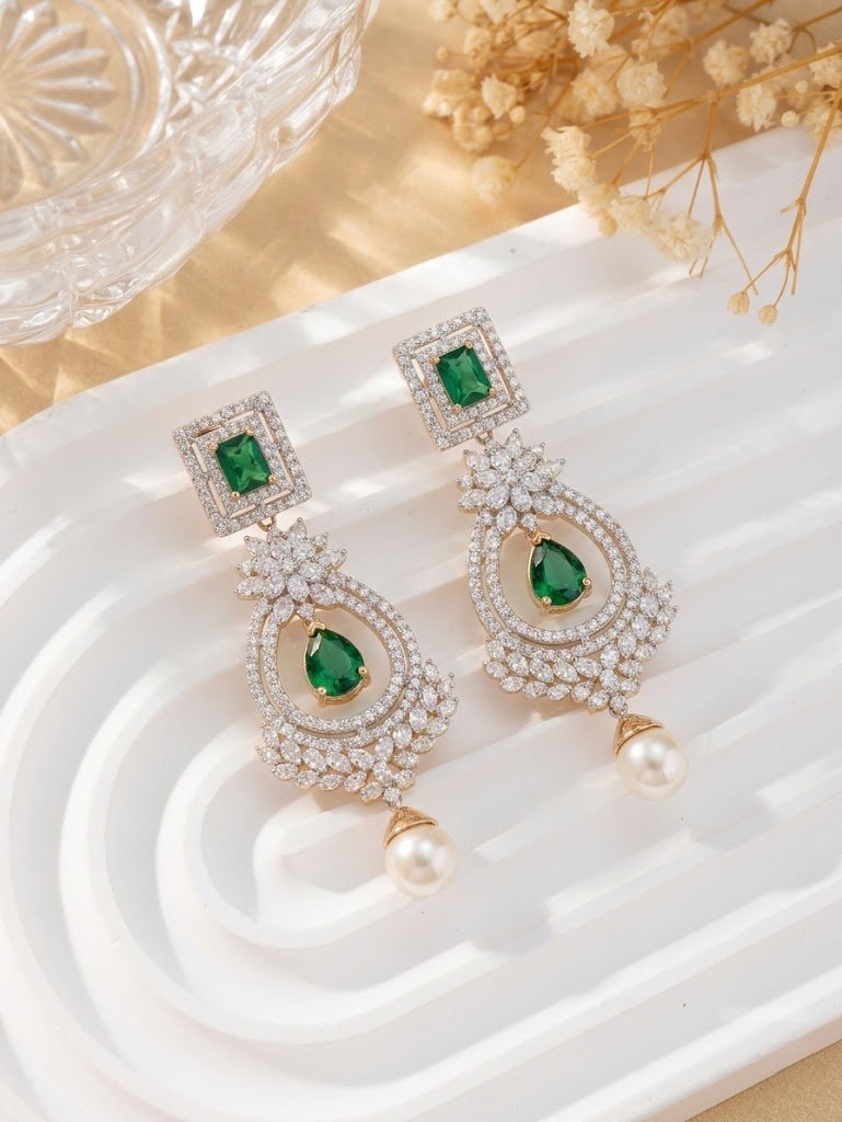 Regal Emerald and Pearl Statement Drop Earrings