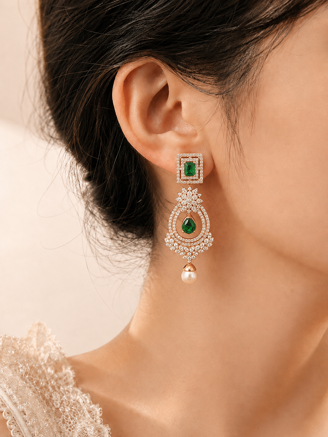 Regal Emerald and Pearl Statement Drop Earrings