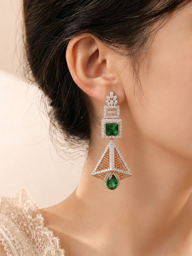 Architectural Emerald Pyramid Drop Earrings