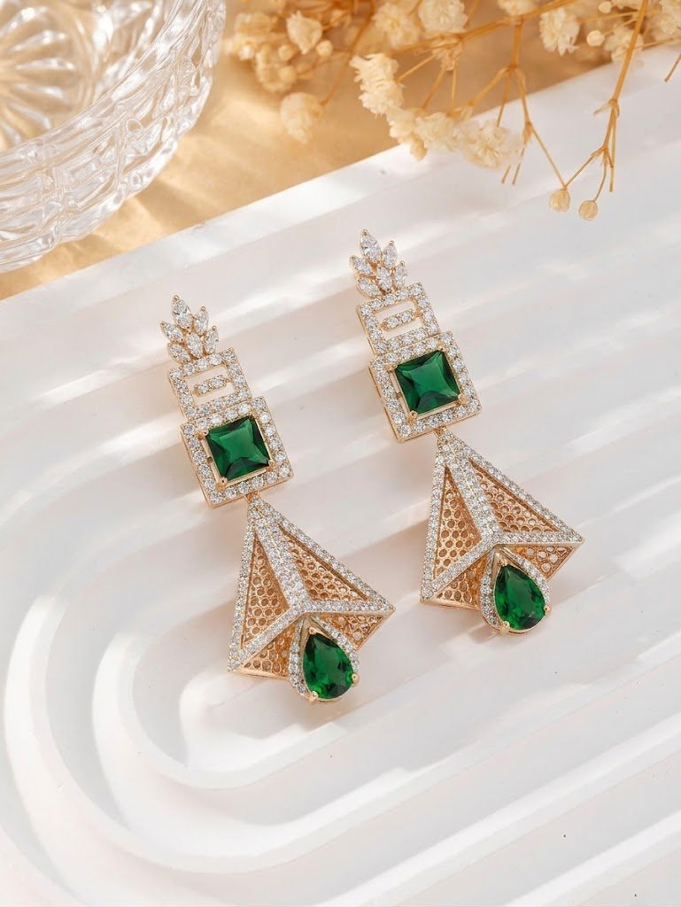 Architectural Emerald Pyramid Drop Earrings