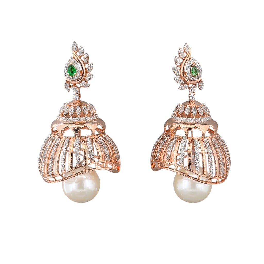 Elegant Emerald and Pearl Caged Jhumka Earrings