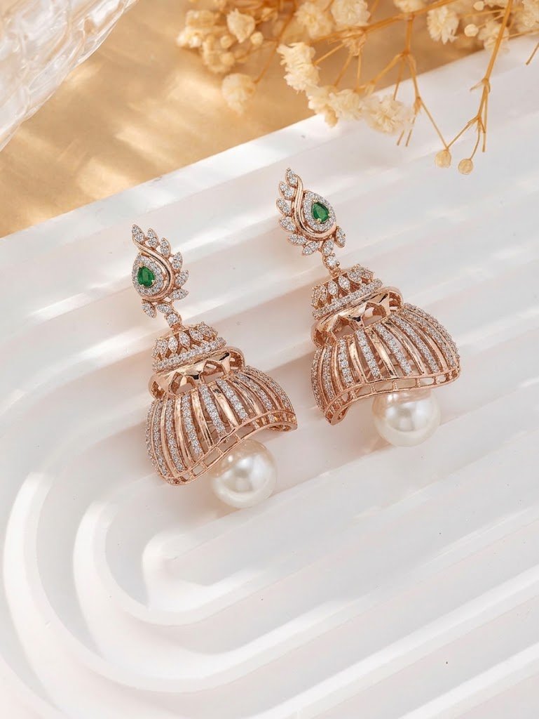 Elegant Emerald and Pearl Caged Jhumka Earrings