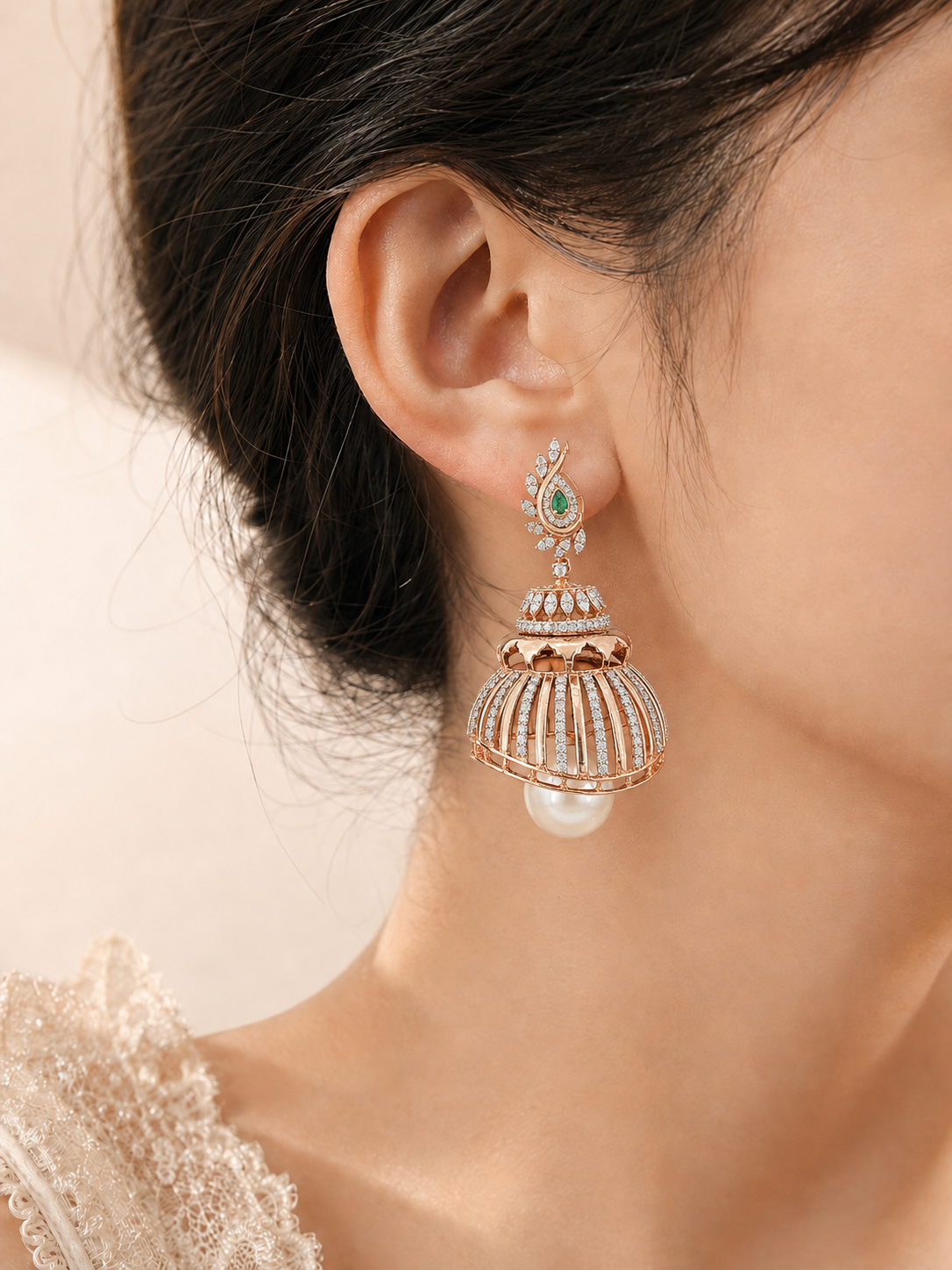 Elegant Emerald and Pearl Caged Jhumka Earrings