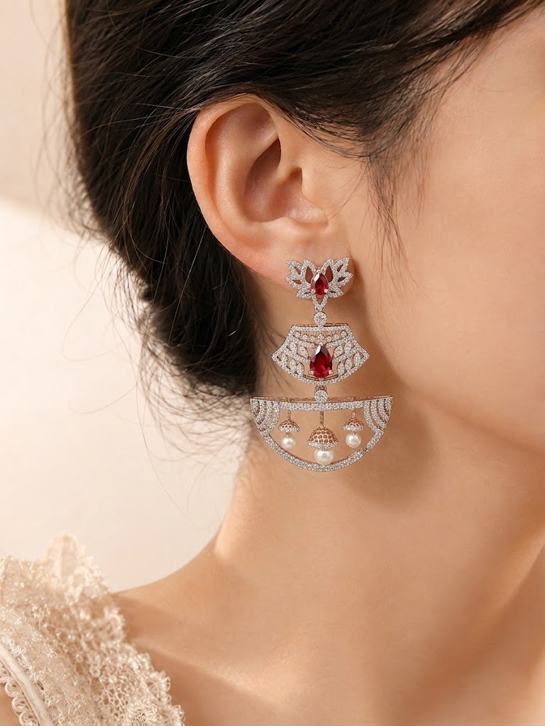Lotus-Inspired Ruby and Pearl Chandbali Earrings