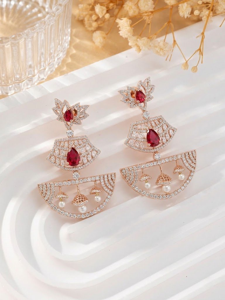 Lotus-Inspired Ruby and Pearl Chandbali Earrings