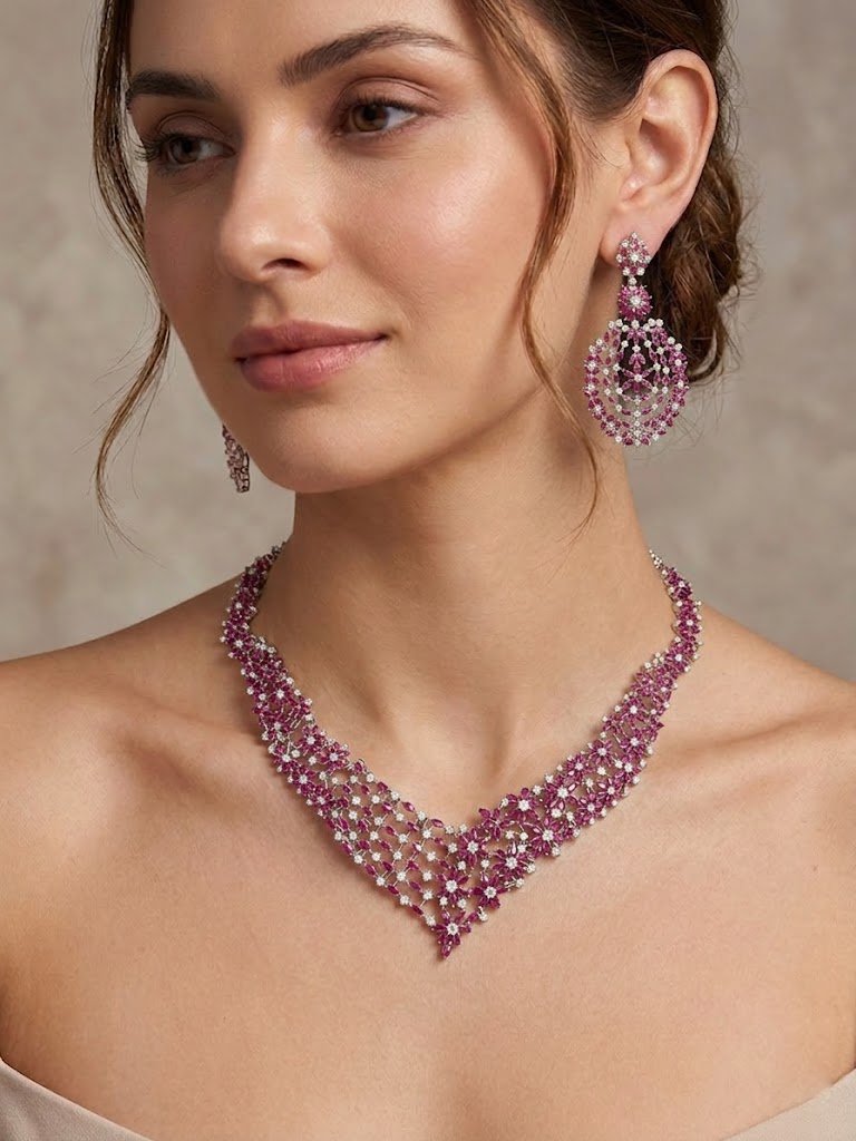 Floral Ruby and Diamond Statement Necklace and Earring Set