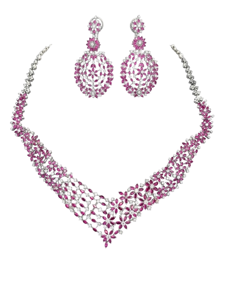 Floral Ruby and Diamond Statement Necklace and Earring Set