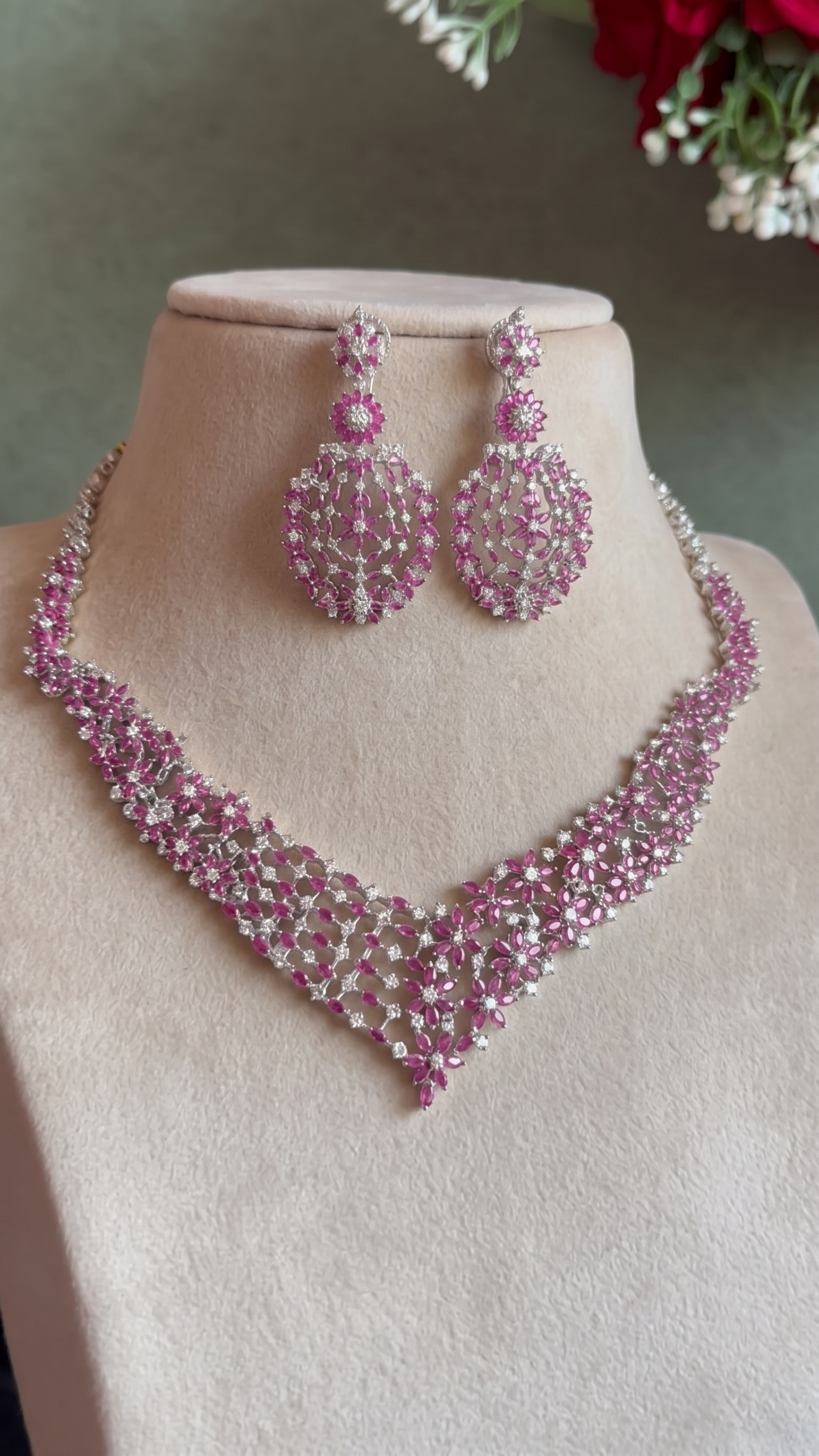 Floral Ruby and Diamond Statement Necklace and Earring Set