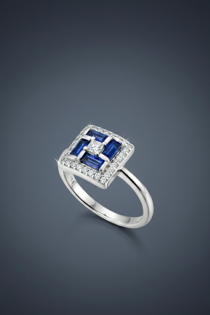 Azure Royale Square Halo Silver Ring