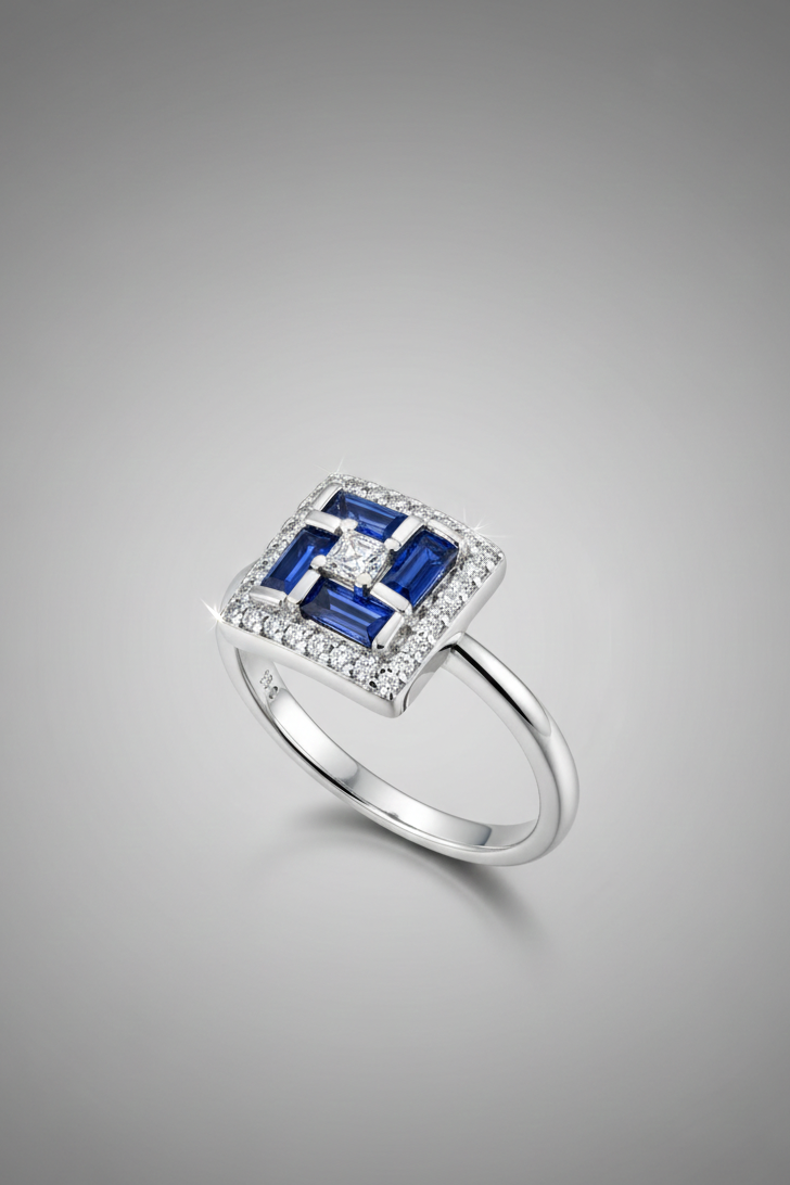 Azure Royale Square Halo Silver Ring