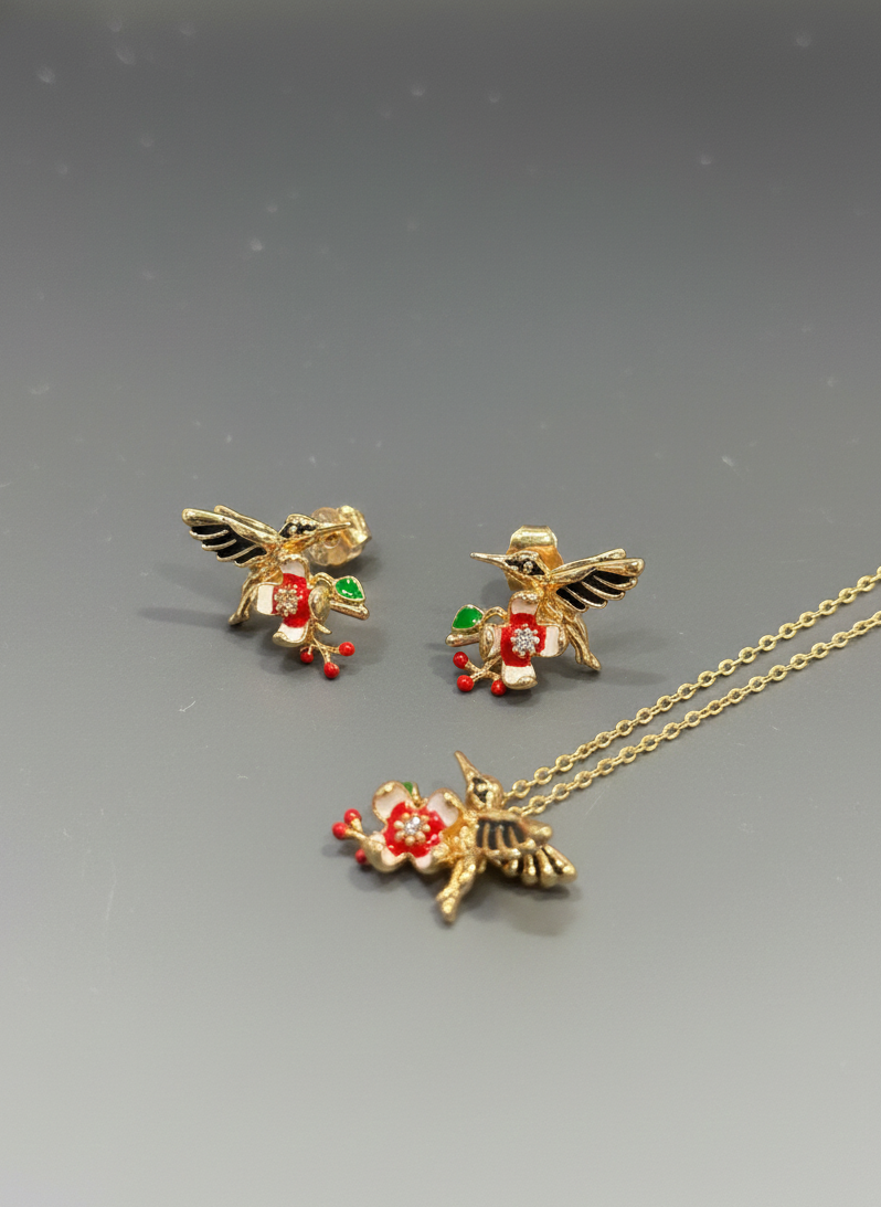 Golden Hummingbird Bloom Pendent Set