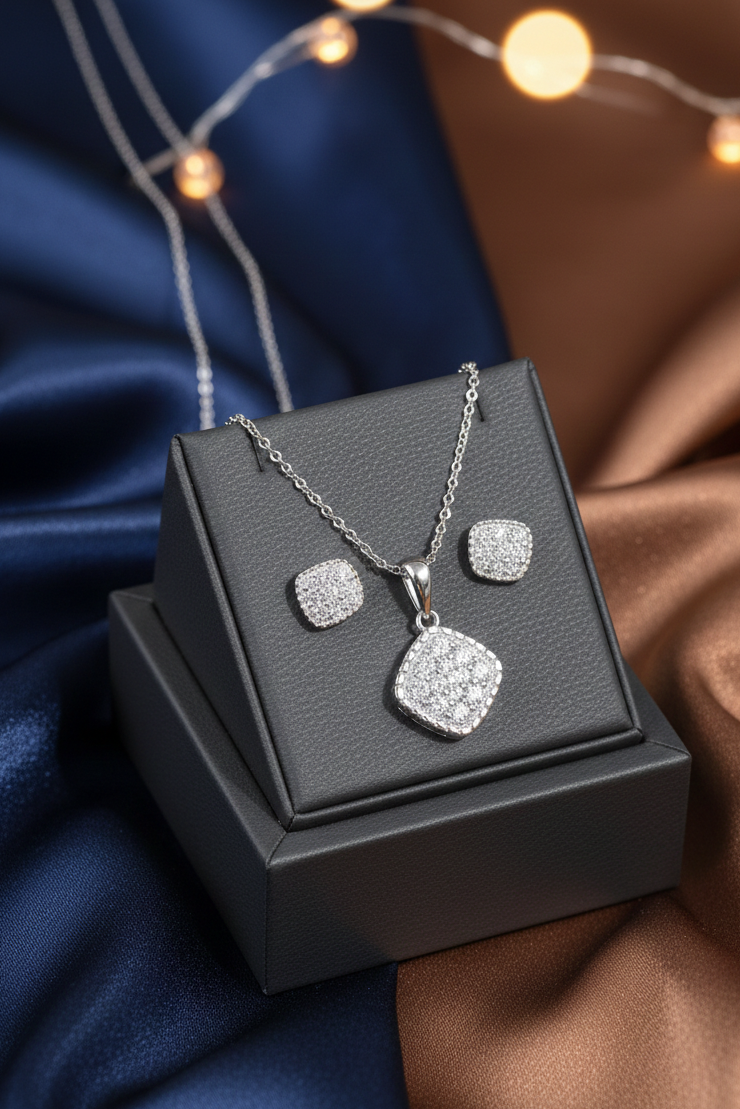 Aurora Cushion Sterling Silver Diamond Jewelry Set