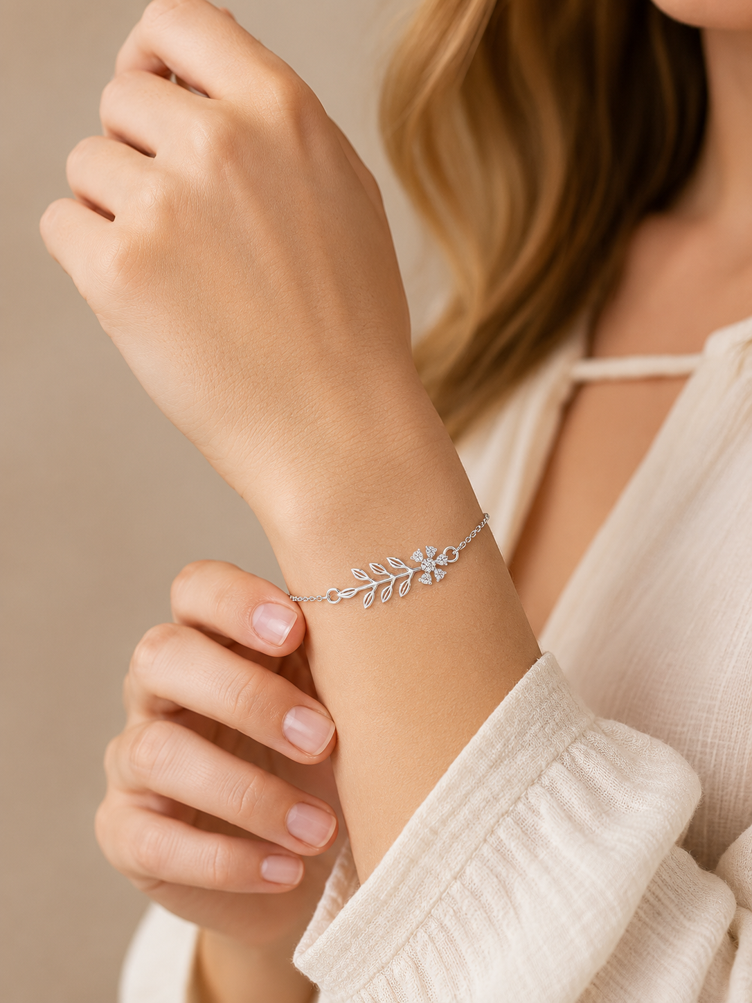 Ethereal Botanical Leaf and Blossom Silver Bracelet