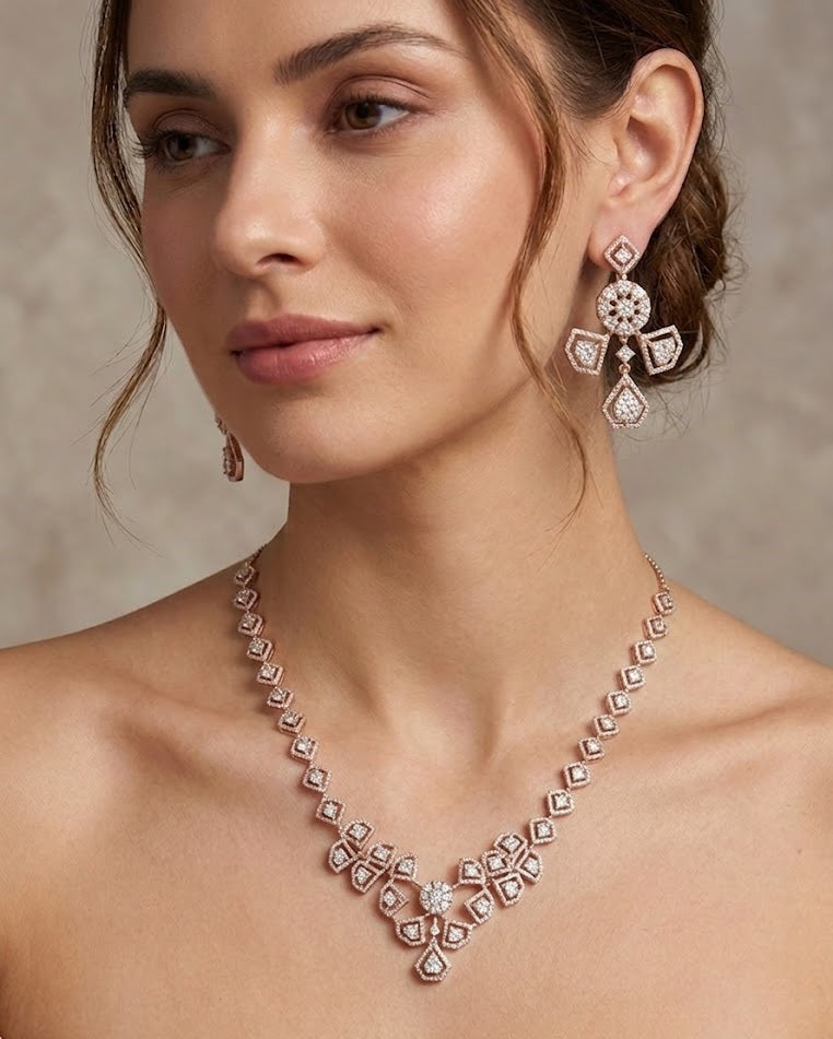 Modern Geometric Pavé Necklace and Earring Set