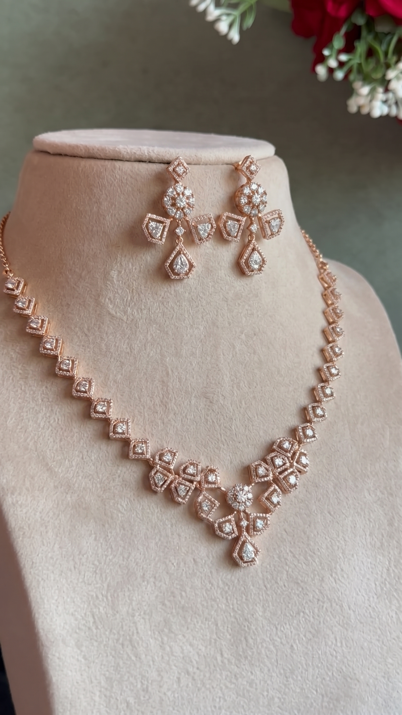 Modern Geometric Pavé Necklace and Earring Set