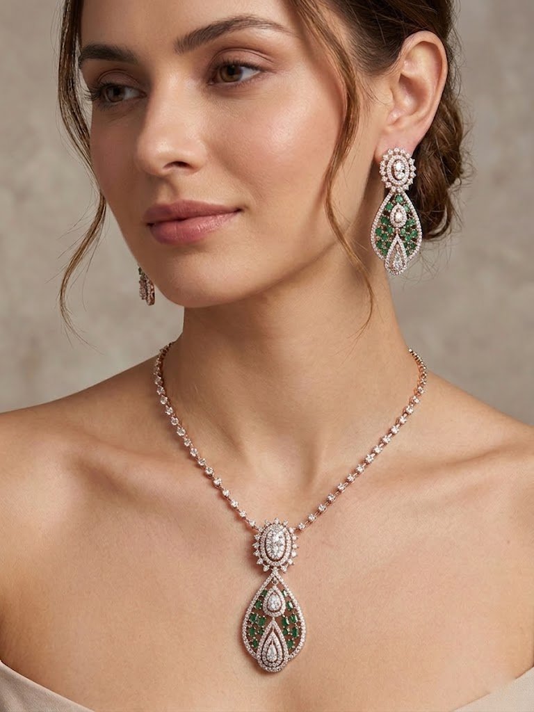 Emerald Teardrop Pavé Necklace and Earring Set