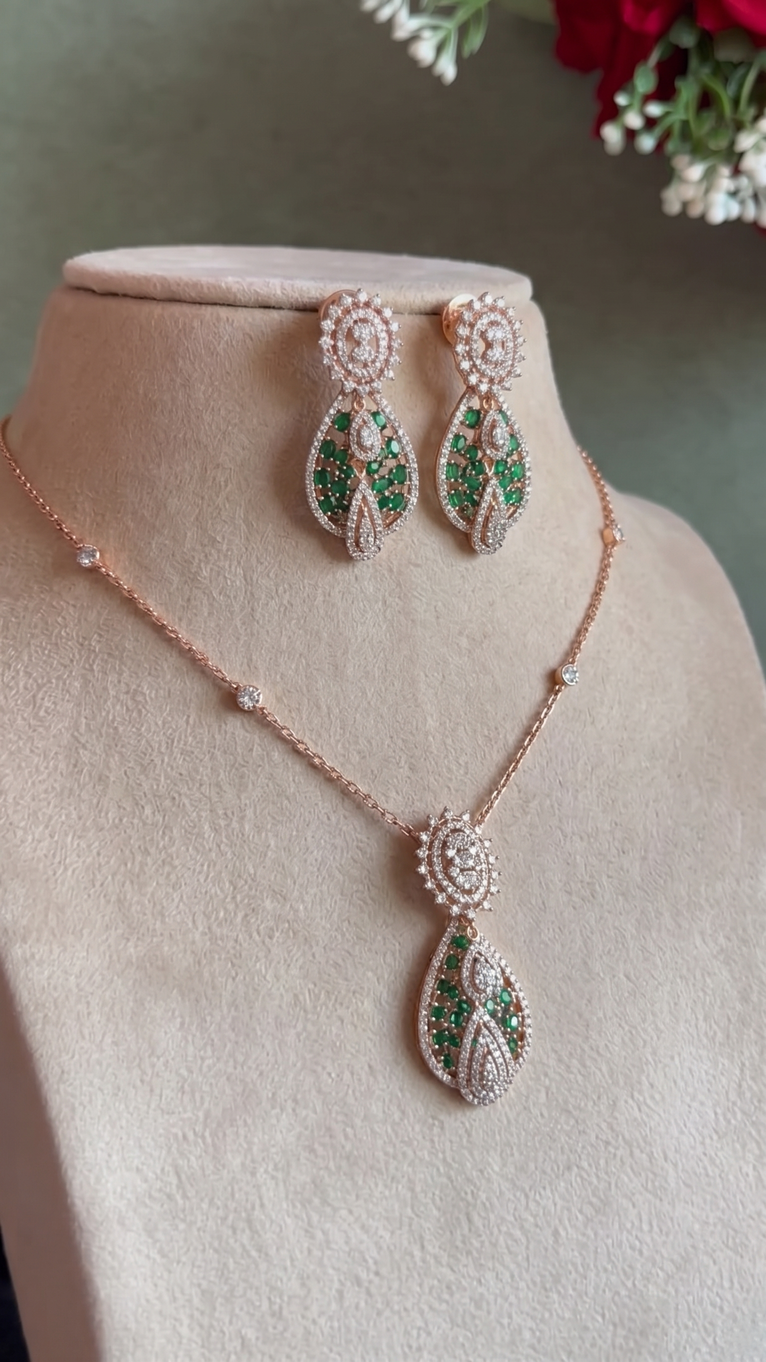 Emerald Teardrop Pavé Necklace and Earring Set