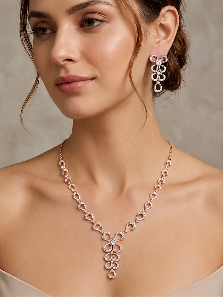 Delicate Floral Pavé Necklace and Earring Set
