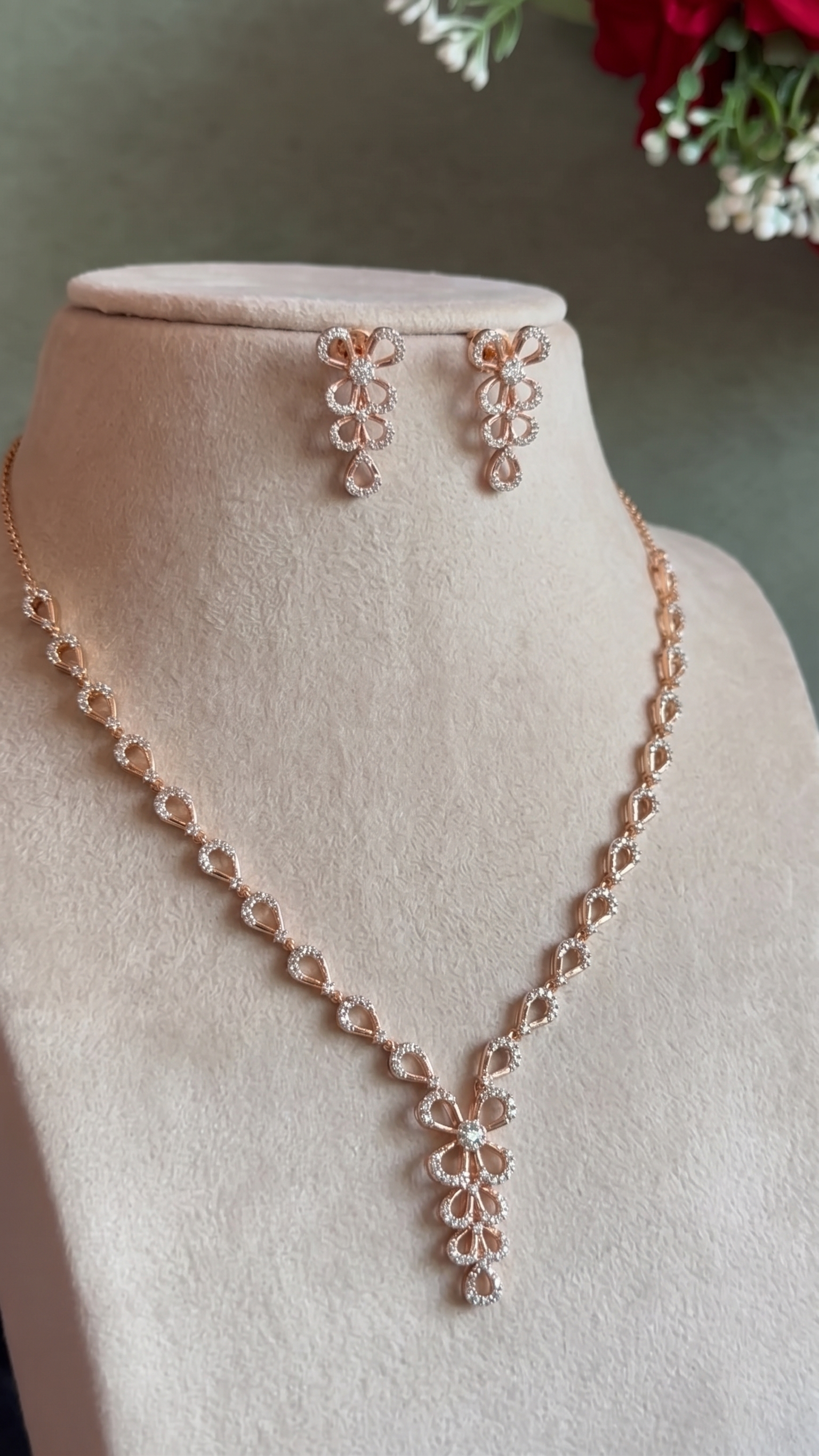 Delicate Floral Pavé Necklace and Earring Set