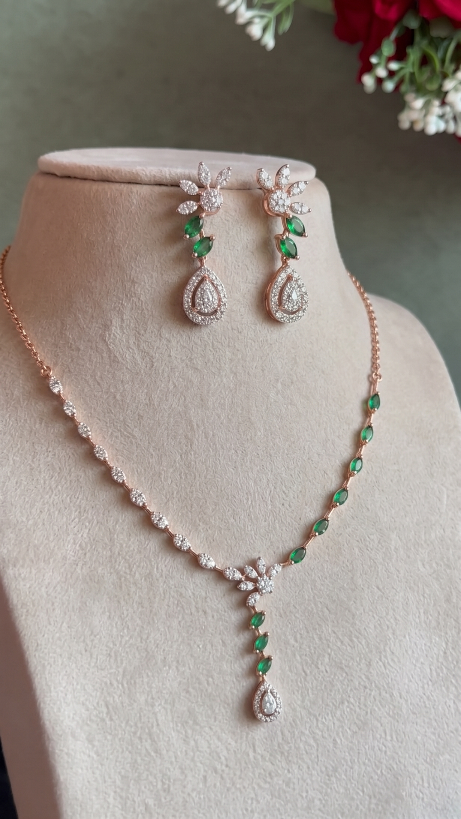 Botanical Emerald and Diamond Floral Necklace and Earring Set