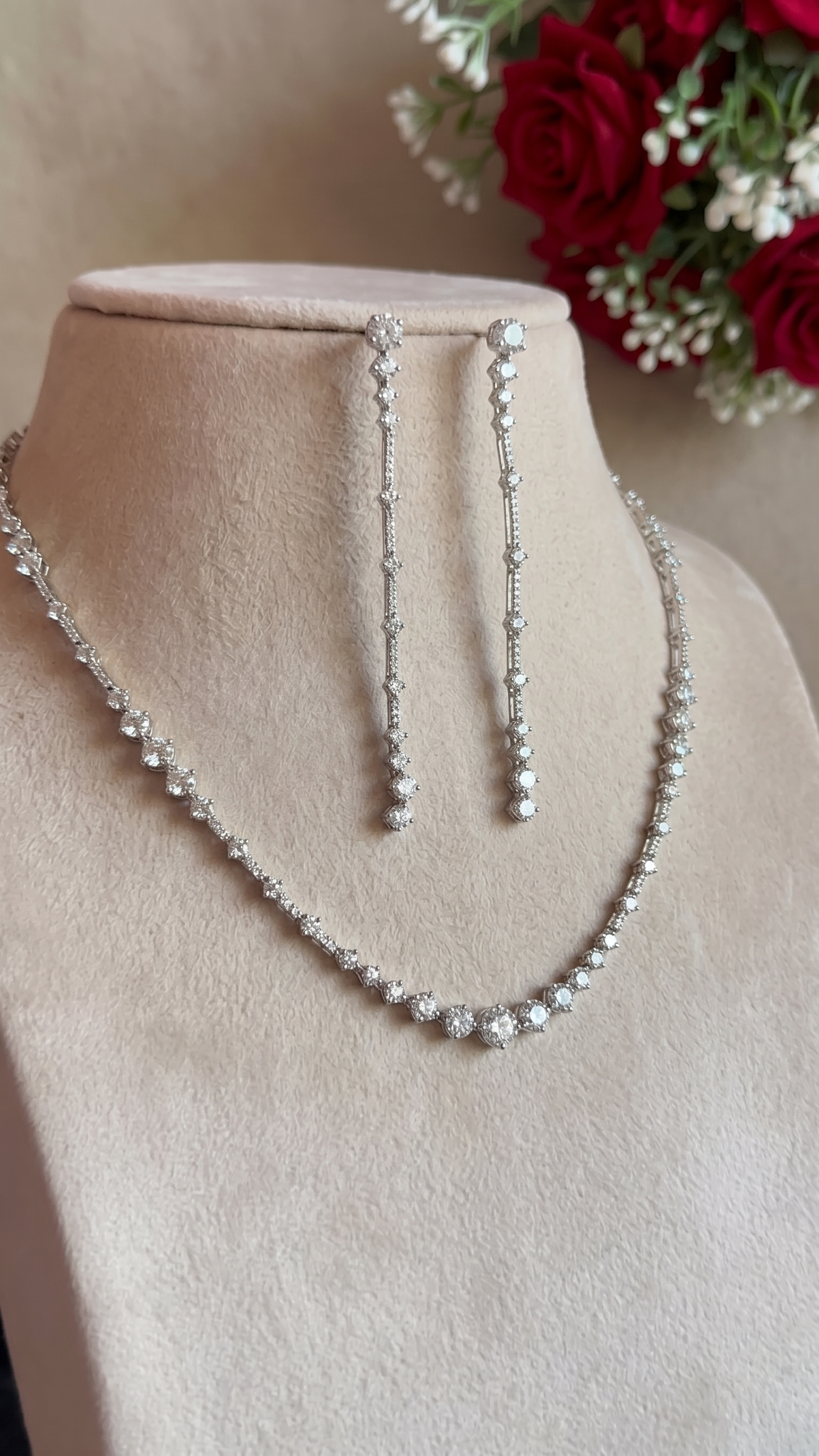Classic Solitaire Pavé Necklace and Long Drop Earring Set