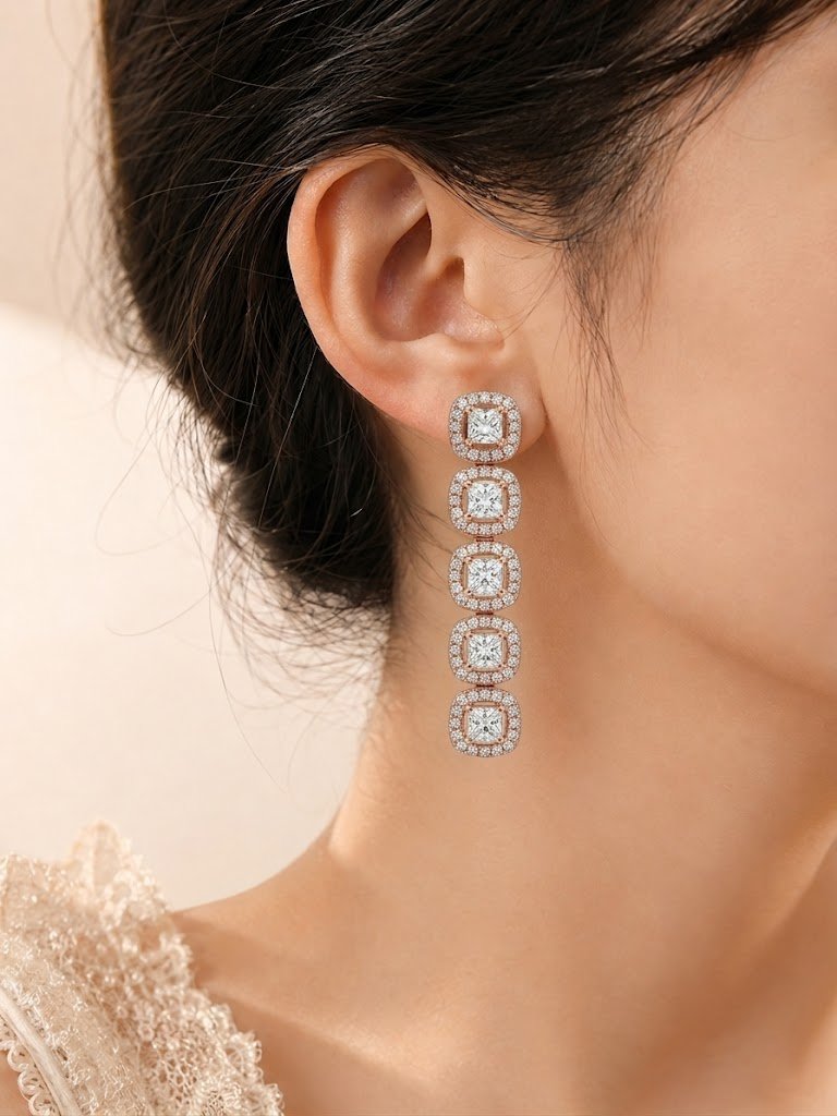 Linear Cushion-Cut Halo Drop Earrings