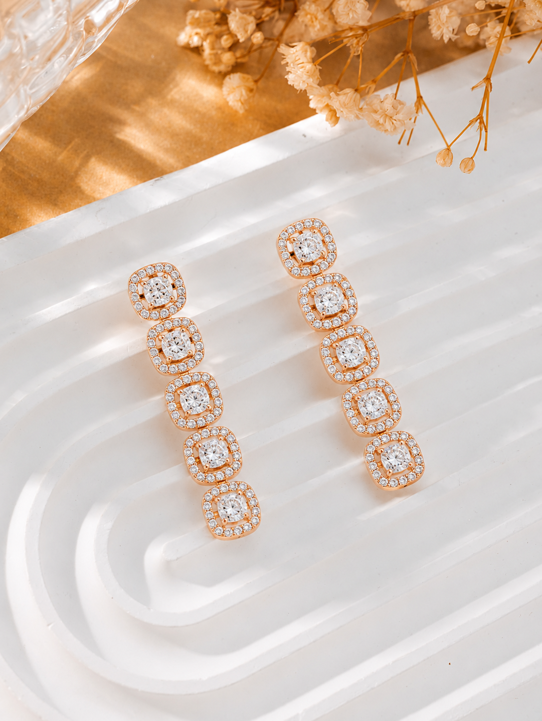 Linear Cushion-Cut Halo Drop Earrings
