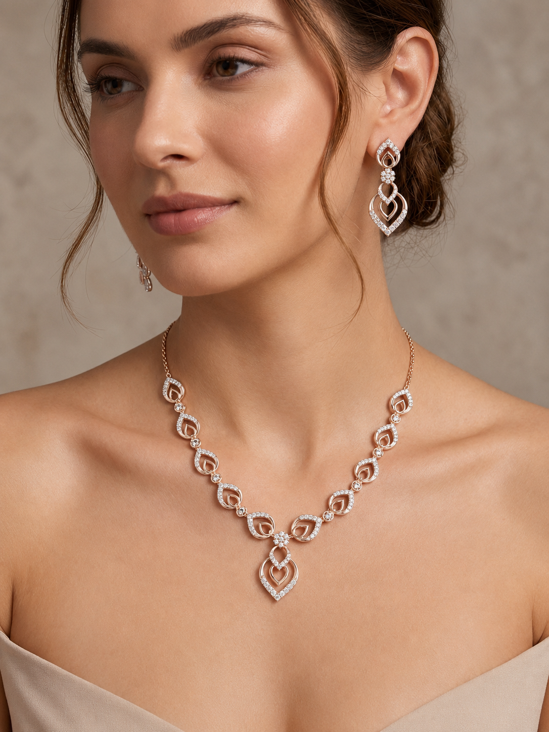 Graceful Heart-Motif Pavé Necklace and Earring Set