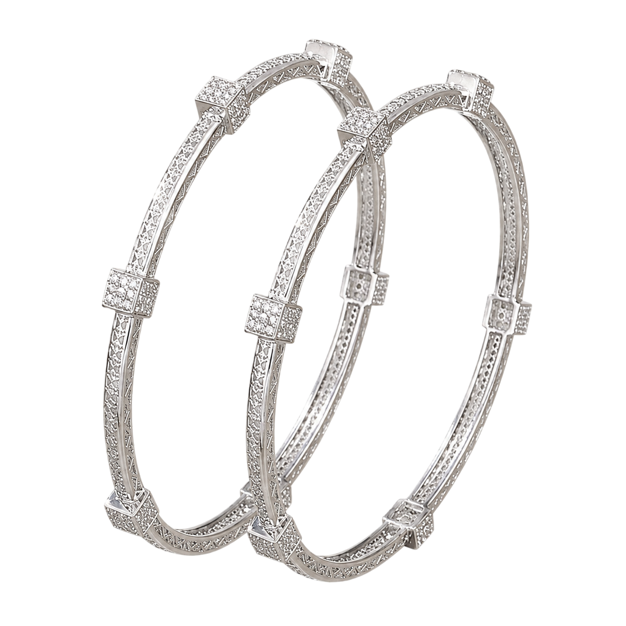 Radiant Geometric Silver-Toned Diamond-Accented Bangles