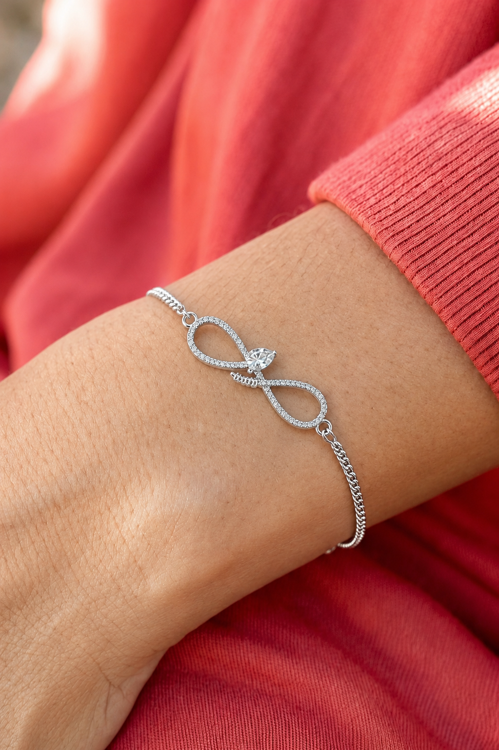 Pavé Infinity & Pear-Cut Centerpiece Silver Bracelet