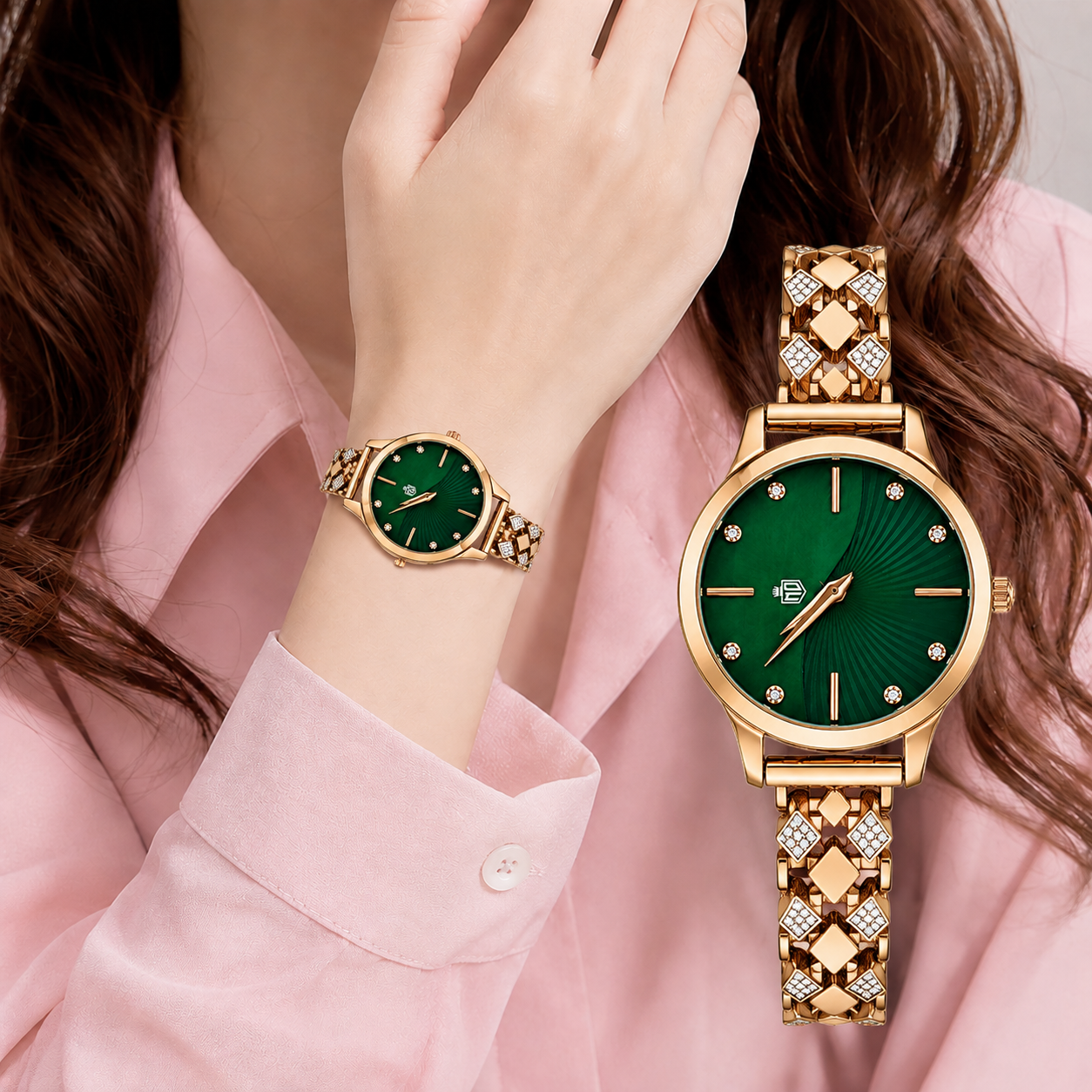 Emerald-Green Split-Dial Crystal Braided Ladies Wristwatch