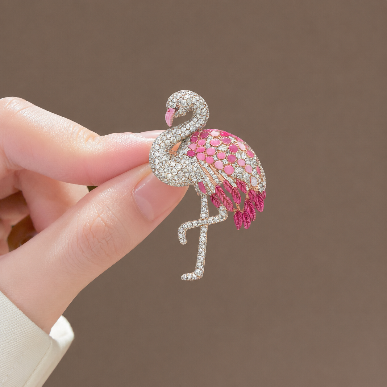 Elegant Pave-Diamond and Pink Sapphire Flamingo Brooch