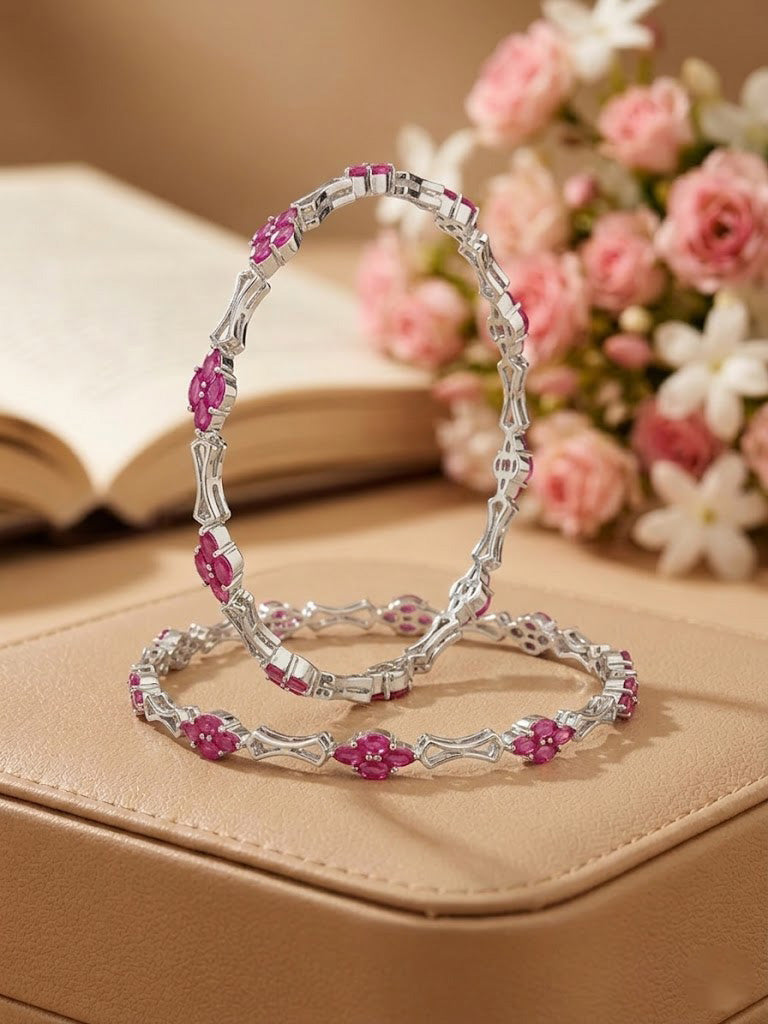 Ruby Floral-Inspired Silver-Toned Bangles