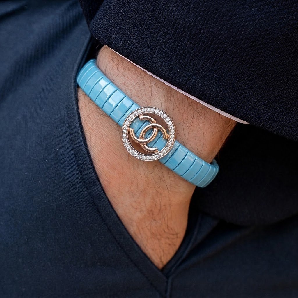 Vibrant Turquoise Ceramic & Logo Statement Bracelet