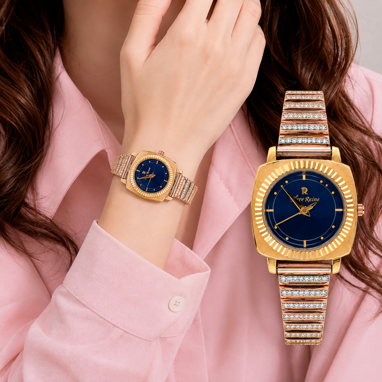 Piere Reine Deep Blue Dial Fluted Bezel Crystal Ladies Wristwatch