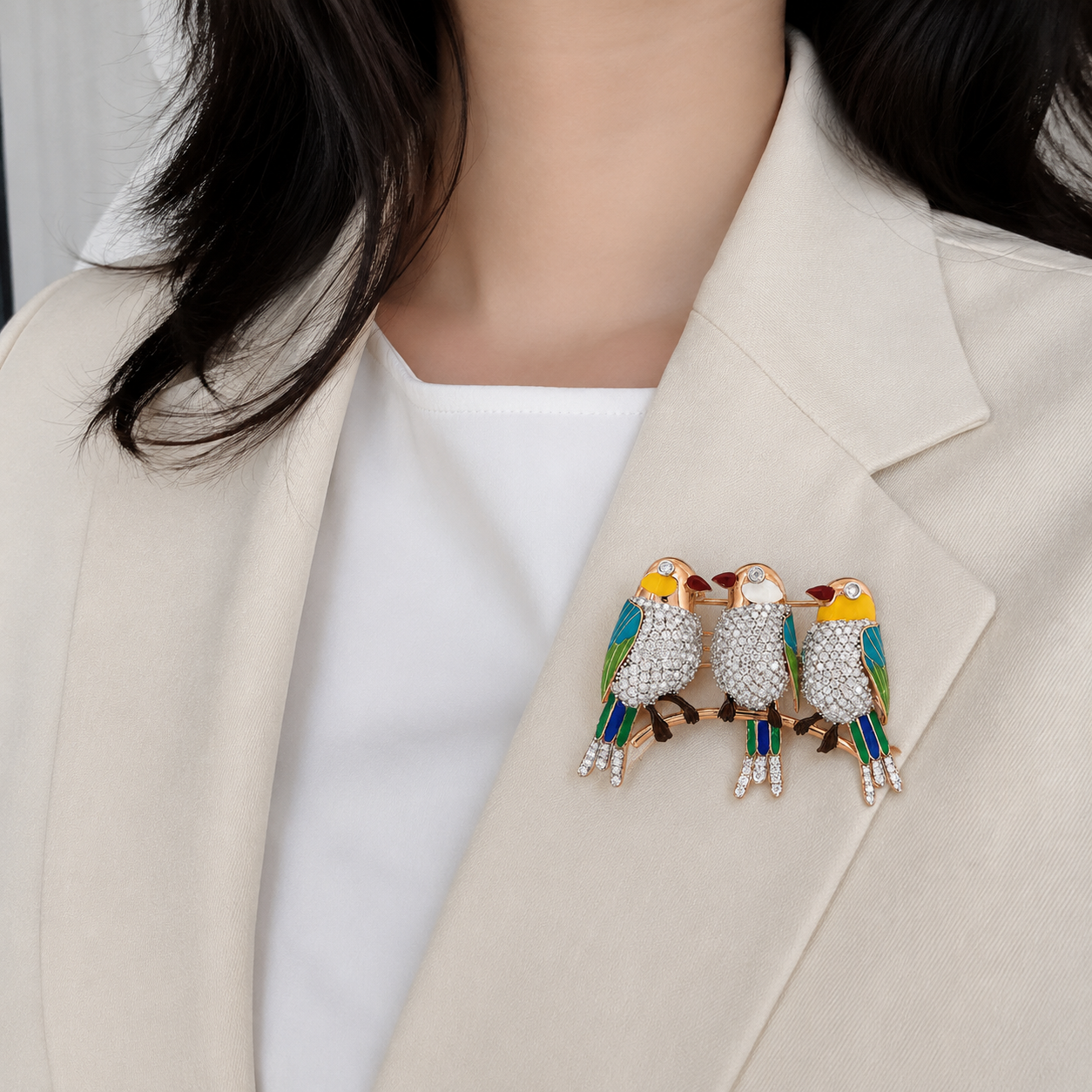 Trio of Vibrant Perched Songbirds Brooch