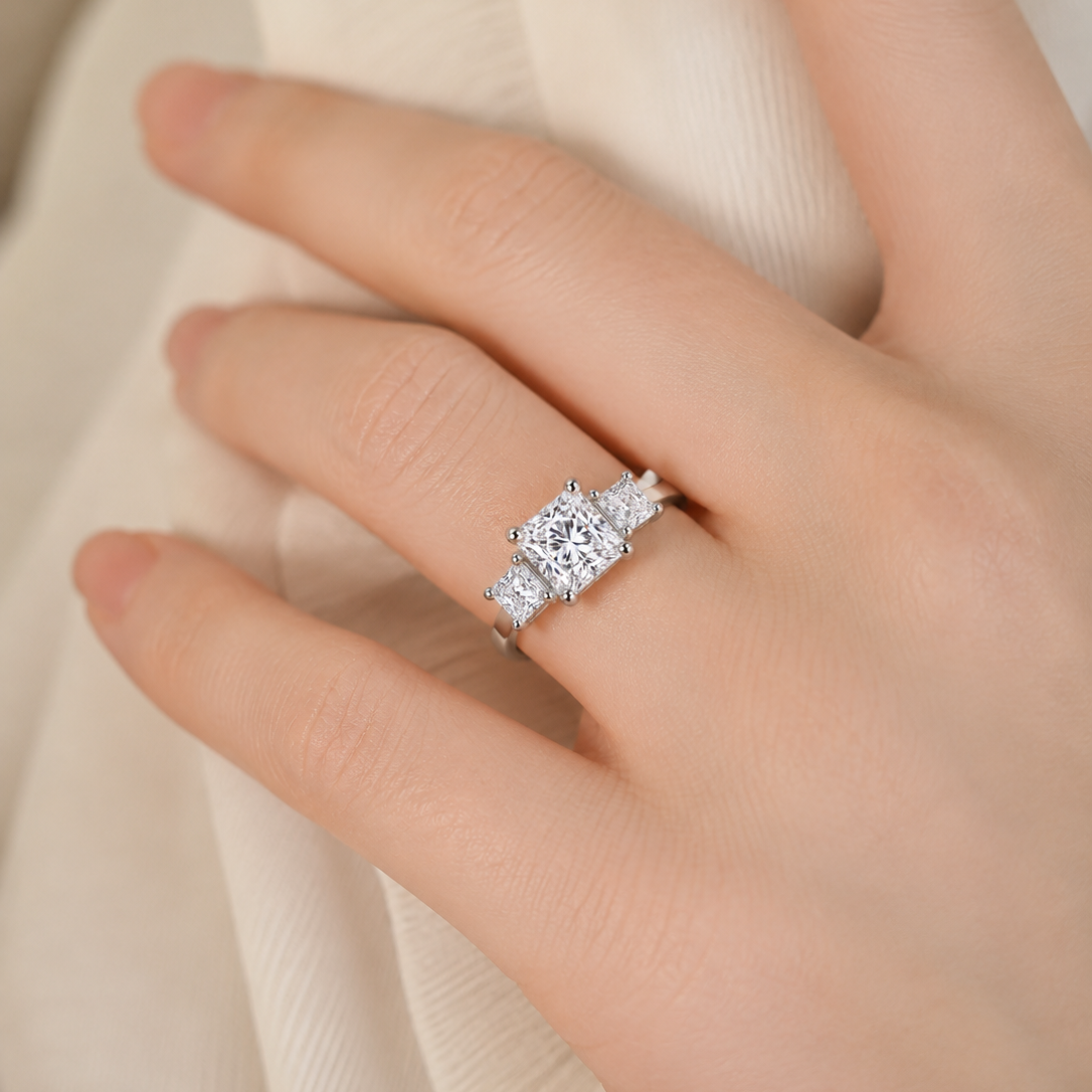 Radiant Princess-Cut Three-Stone Engagement Ring