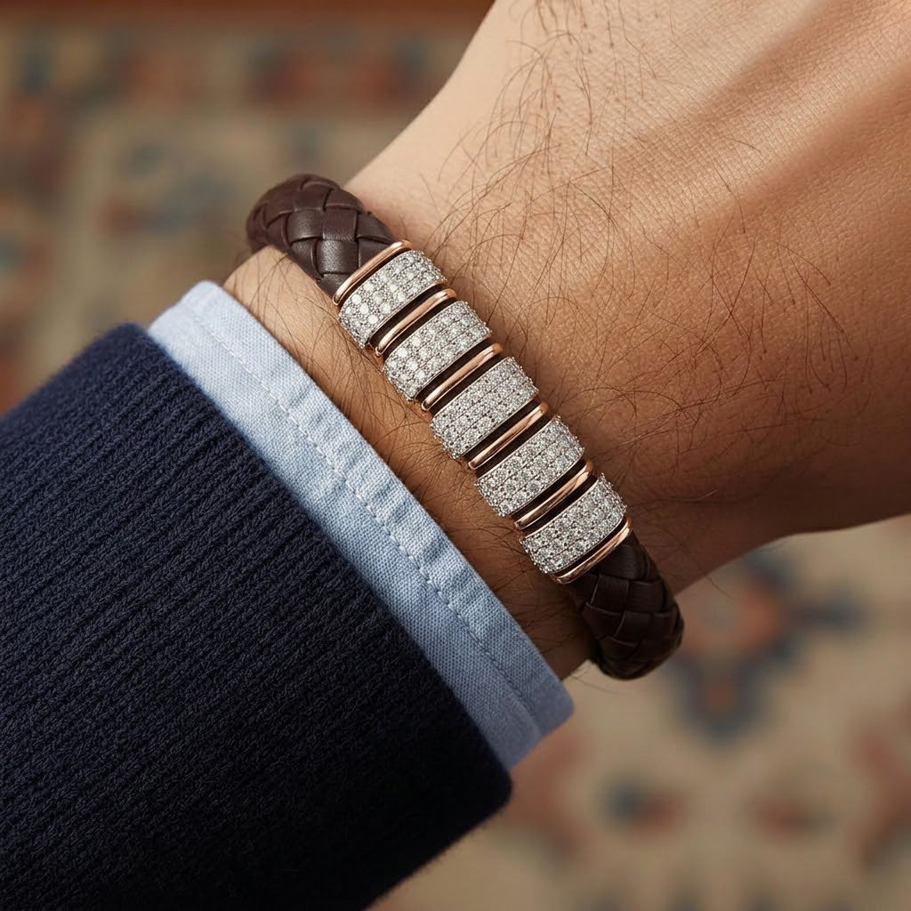 Sophisticated Dark Brown Leather and Pave-Set Bracelet