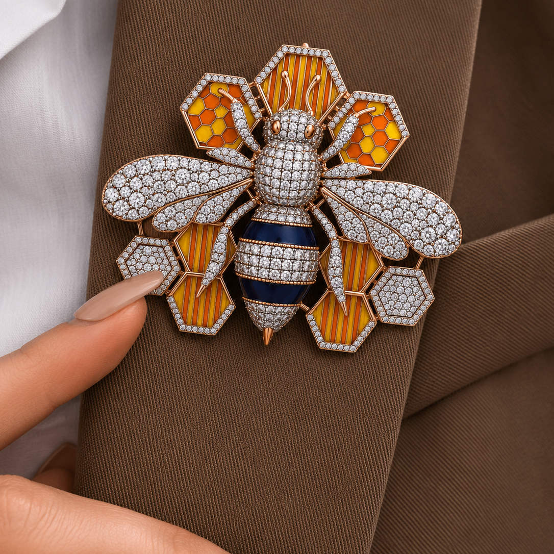 Luminous Diamond & Honeycomb Bee Statement Brooch