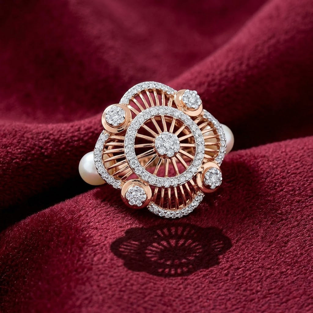 Intricate Wheel-Motif Pearl & Diamond Ring
