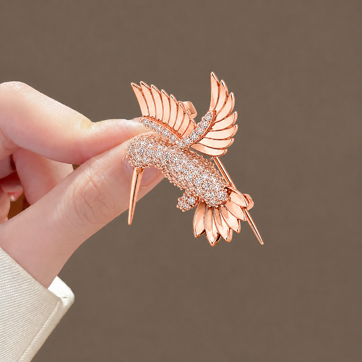 Graceful Hummingbird Pavé Rose Gold Brooch