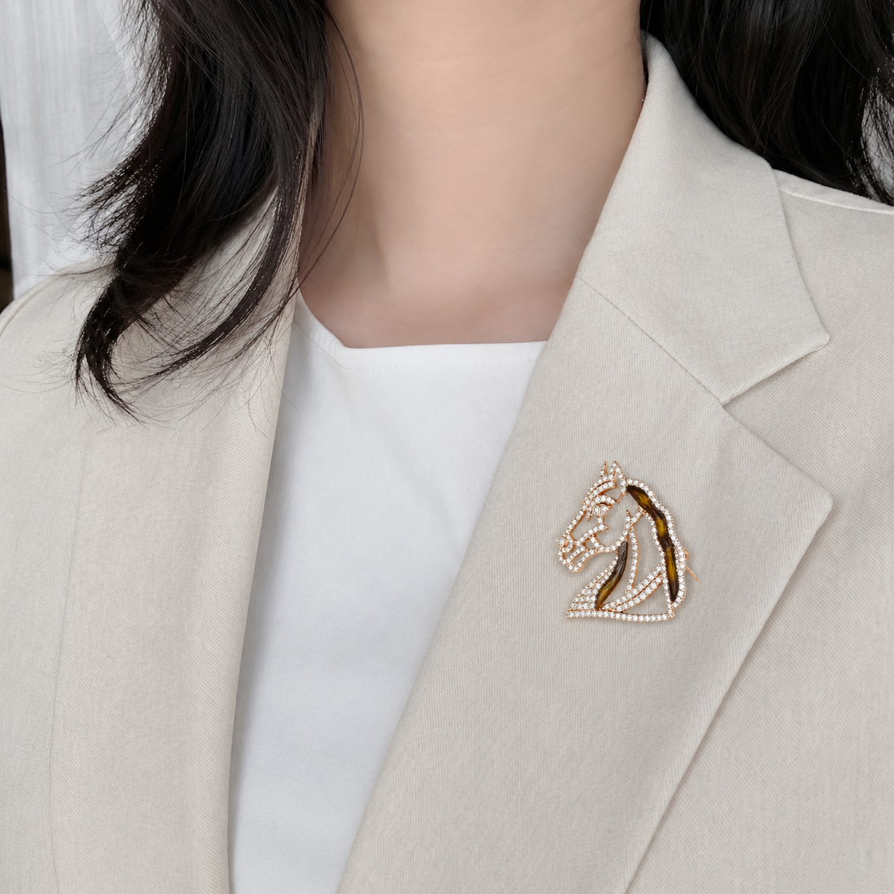 Noble Equestrian Diamond and Enamel Horse Head Brooch