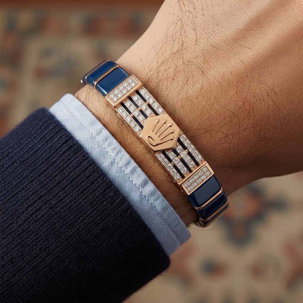 Iconic Crown-Emblem Blue & Rose Gold Ceramic Bracelet