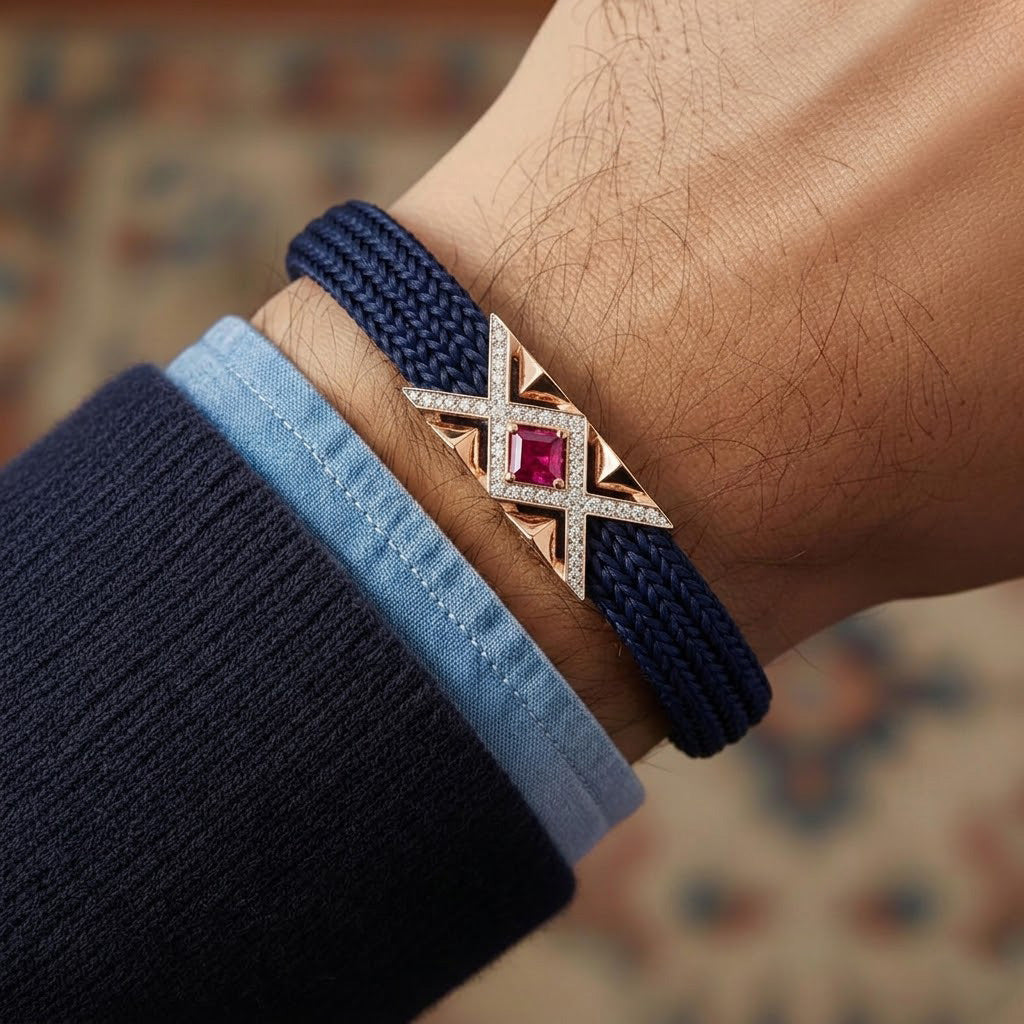 Sophisticated Navy Braided Cord and Ruby-Tone Geometric Bracelet