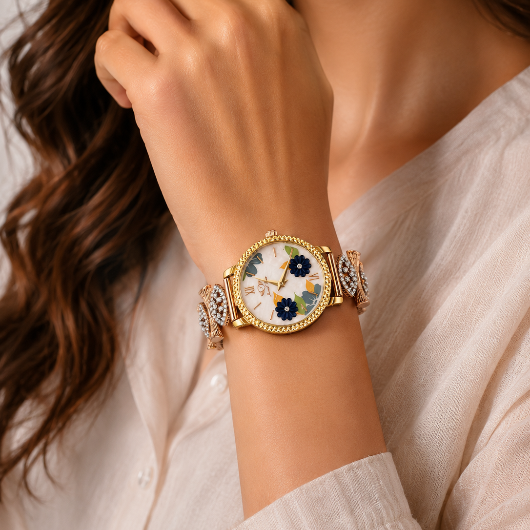 Floral Artistic Dial Crystal-Embellished Ladies Wristwatch