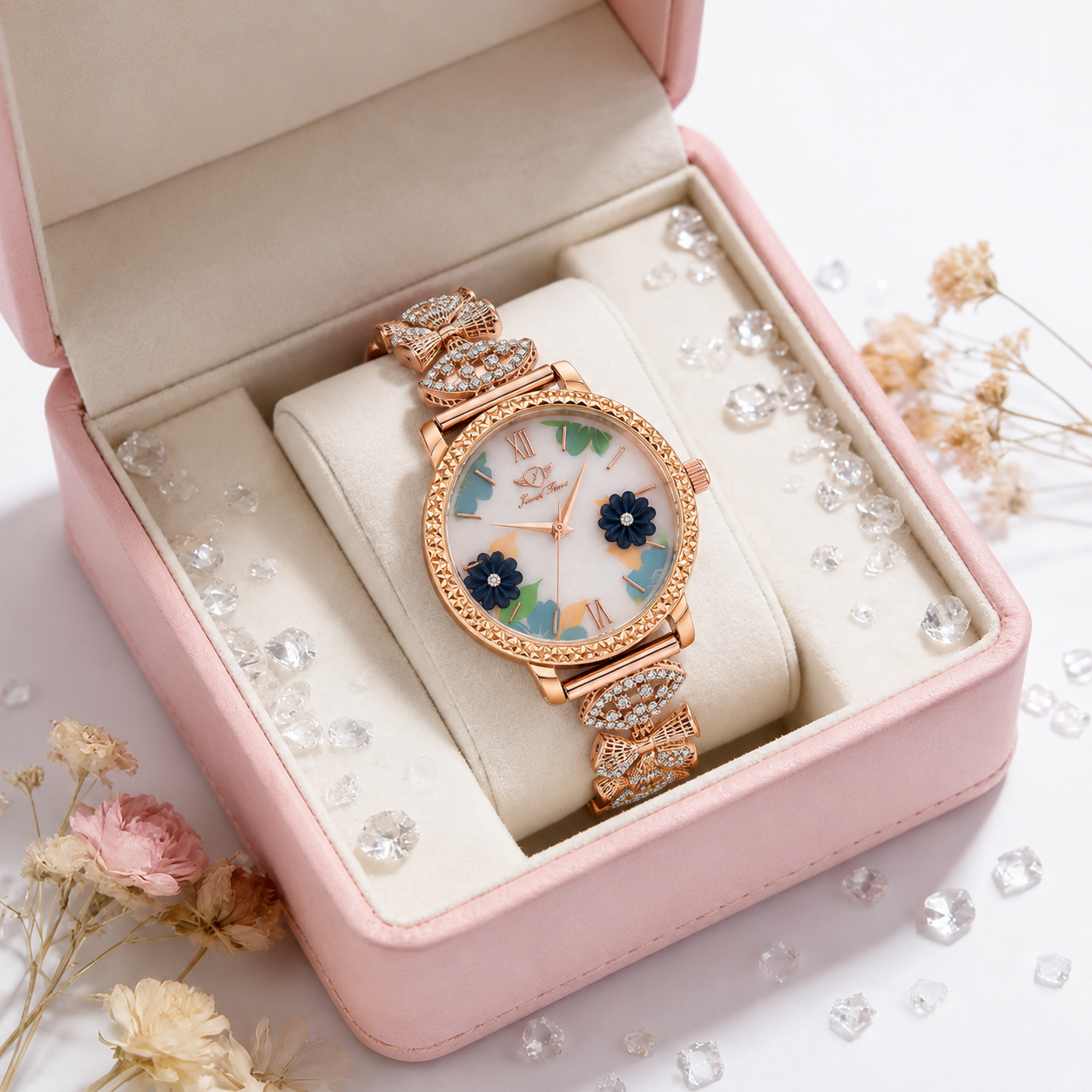 Floral Artistic Dial Crystal-Embellished Ladies Wristwatch