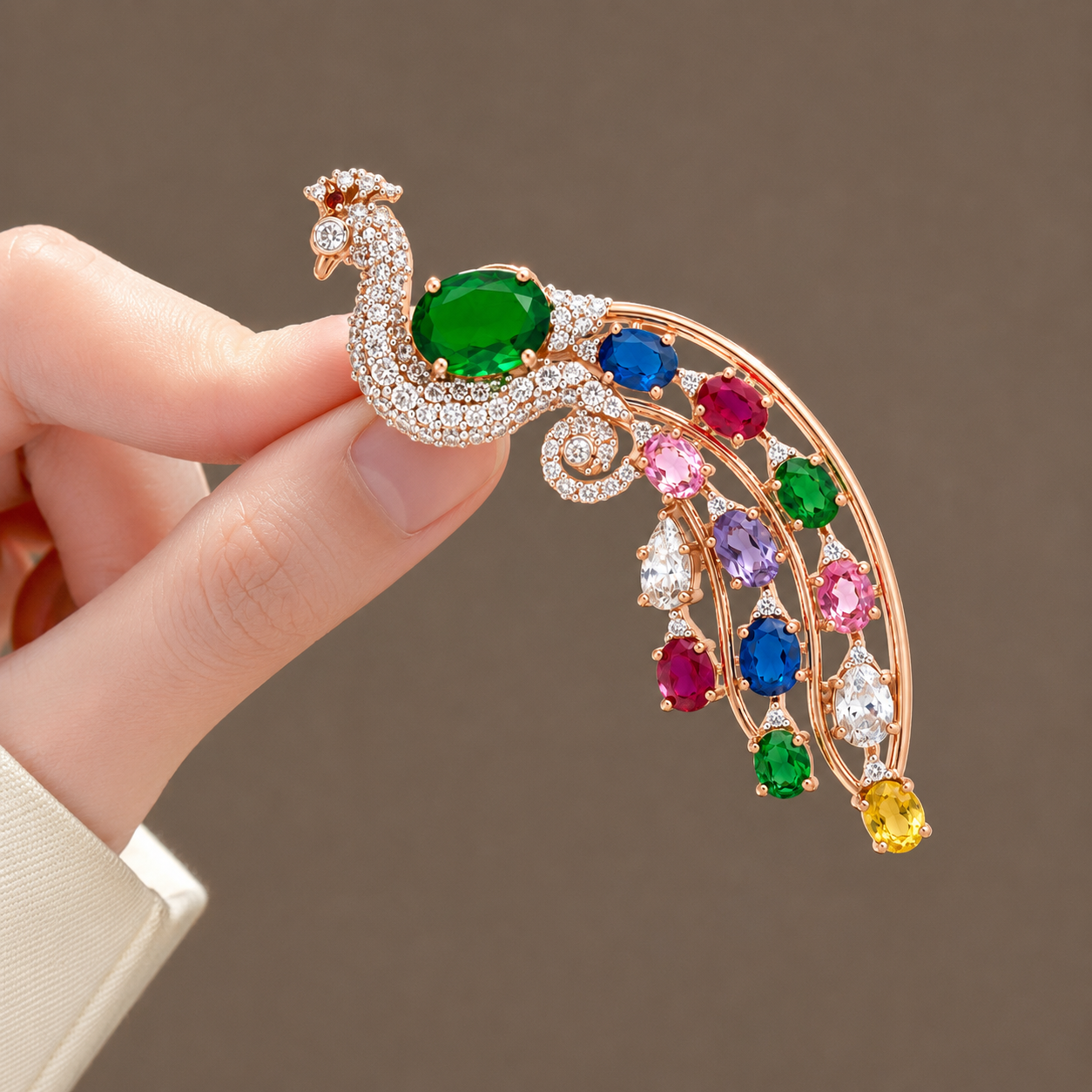 Majestic Multigemstone Peacock Brooch