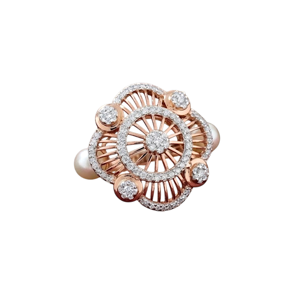 Intricate Wheel-Motif Pearl & Diamond Ring