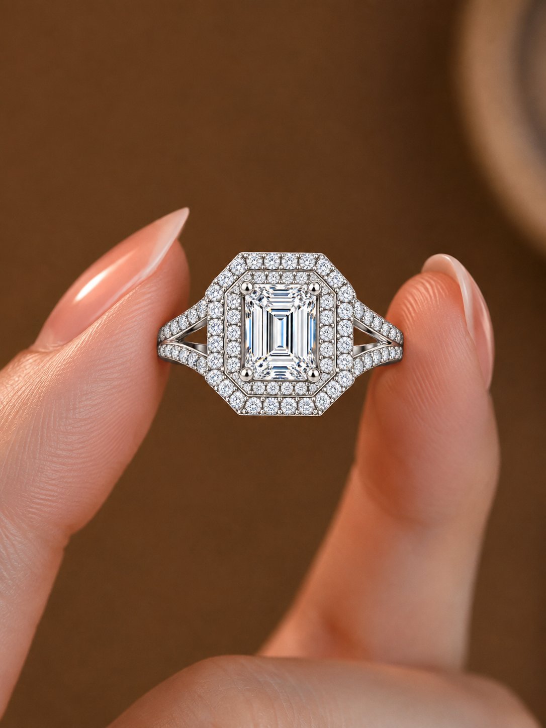 Opulent Double-Halo Emerald-Cut Split-Shank Ring